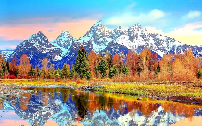 Snow-capped Mountains — Blue, Serene, Sunset, Photograph, River, Trees