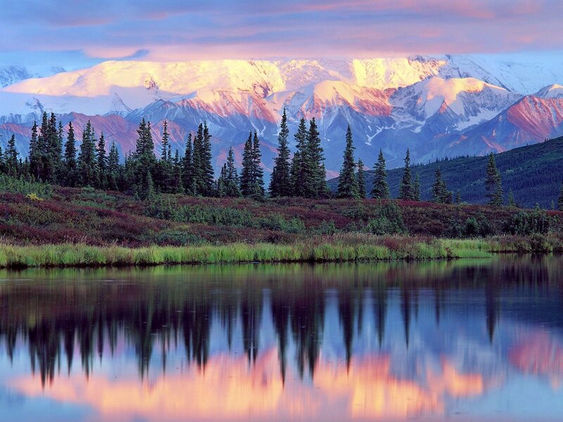 Snow-capped Mountains — Blue, Serene, Sunset, Photograph, Trees, Lake, Pink