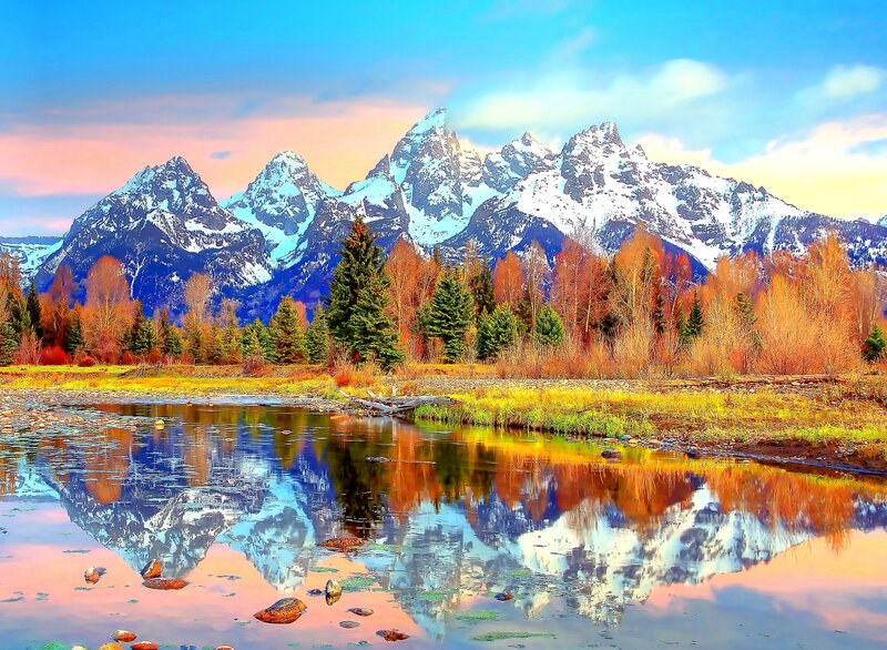 Snow-capped Mountains — Blue, Serene, Sunset, Photograph, Trees, River
