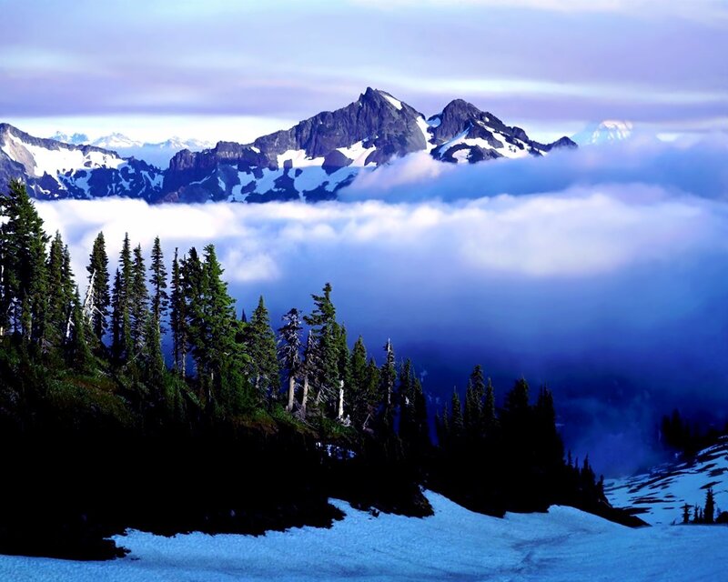 Snow-capped Mountains — Blue, Serene, Winter, Photograph, Clouds, Evergreen Trees