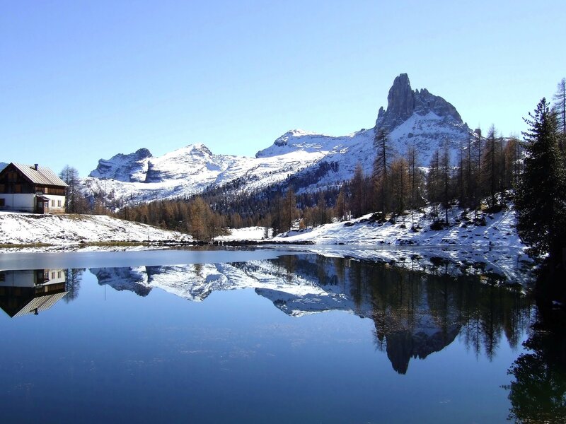 Snow-capped Mountains — Blue, Serene, Winter, Photograph, Lake, Cabin
