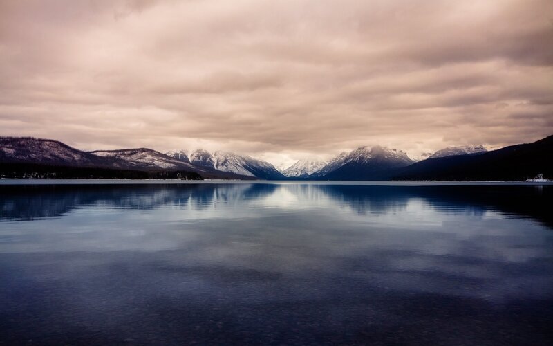 Snow-capped Mountains — Blue, Serene, Winter, Photograph, Lake, Clouds, Forest, Gray