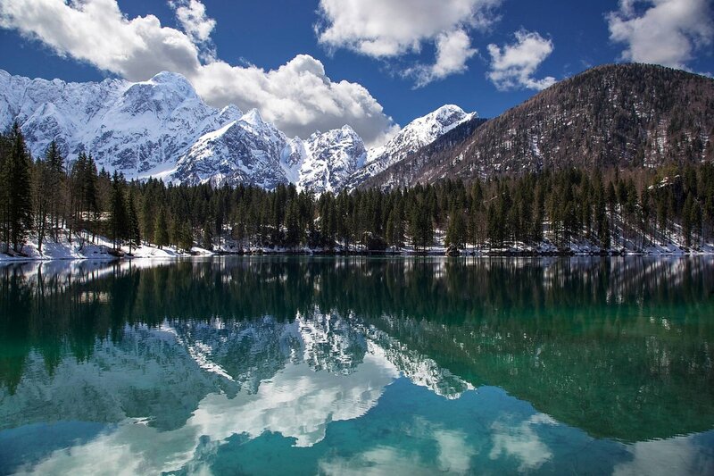Snow-capped Mountains — Blue, Serene, Winter, Photograph, Lake, Forest, Clouds