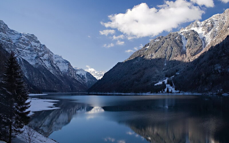 Snow-capped Mountains — Blue, Serene, Winter, Photograph, Lake, Trees, Clouds