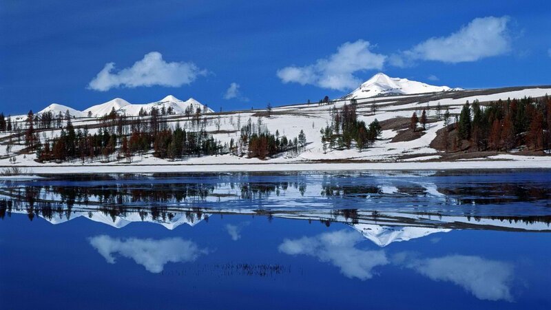 Snow-capped Mountains — Blue, Serene, Winter, Photograph, Lake, Trees, Clouds, White, Green