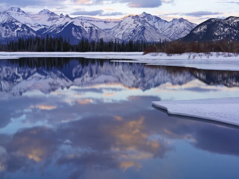 Snow-capped Mountains — Blue, Serene, Winter, Photograph, Lake, Trees, Ice, White, Gray