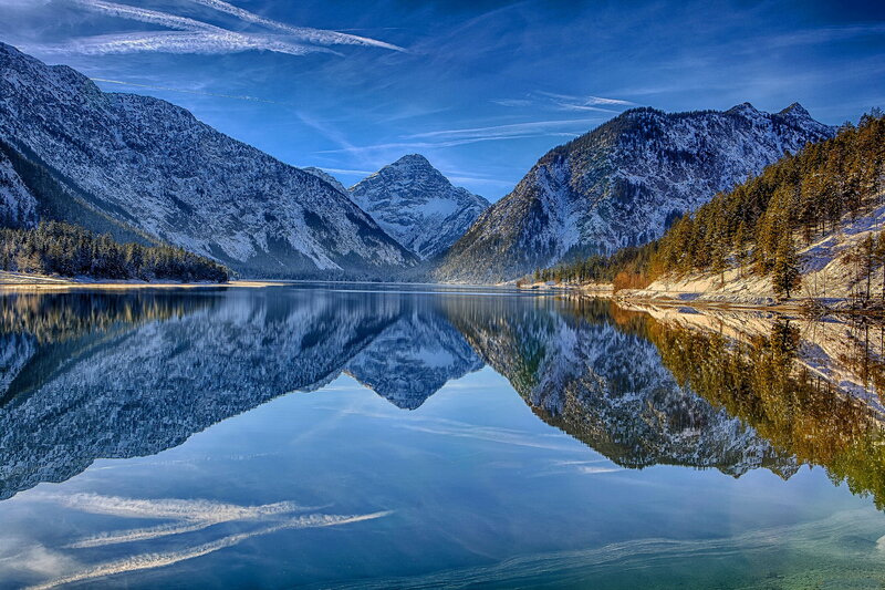 Snow-capped Mountains — Blue, Serene, Winter, Photograph, Lake, Trees, Sky