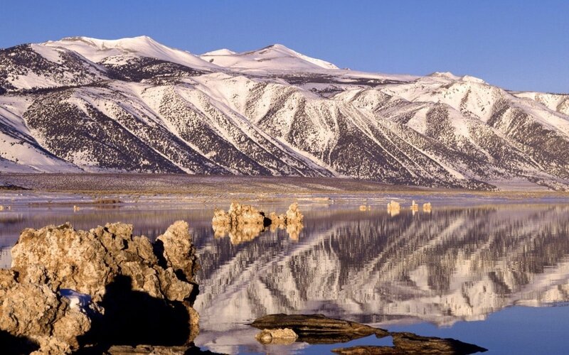 Snow-capped Mountains — Blue, Serene, Winter, Photograph, Lake, Tufa Formations