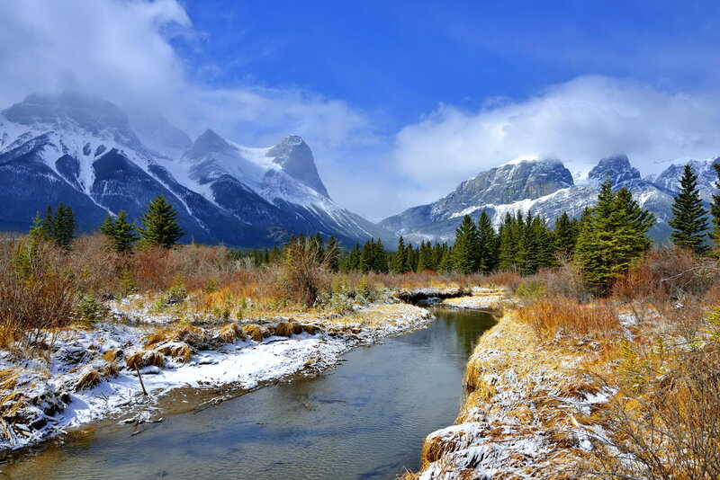 Snow-capped Mountains — Blue, Serene, Winter, Photograph, River, Trees