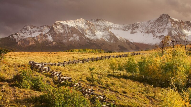 Snow-capped Mountains — Brown, Dramatic, Autumn, Photograph, Fence