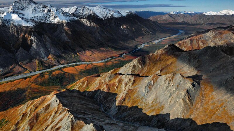 Snow-capped Mountains — Brown, Dramatic, Autumn, Photograph, River