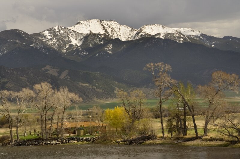 Snow-capped Mountains — Brown, Dramatic, Autumn, Photograph, River, Trees