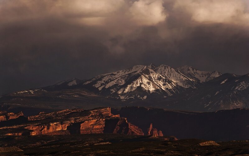Snow-capped Mountains — Brown, Dramatic, Sunset, Photograph, Clouds, Rock Formations