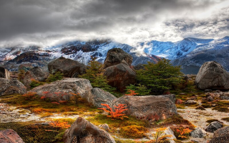 Snow-capped Mountains — Gray, Dramatic, Autumn, Photograph, Rocks, Trees, Clouds