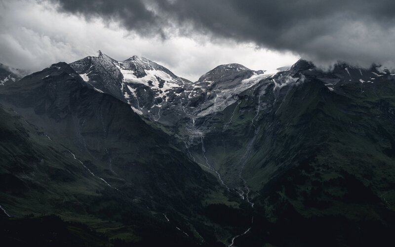 Snow-capped Mountains — Gray, Dramatic, Photograph, Clouds, Valley, Glacier