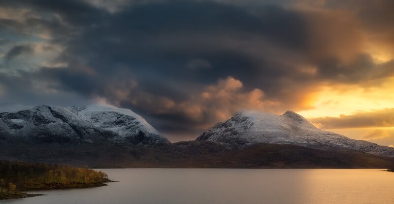 Snow-capped Mountains — Gray, Dramatic, Sunset, Photograph, Lake, Clouds