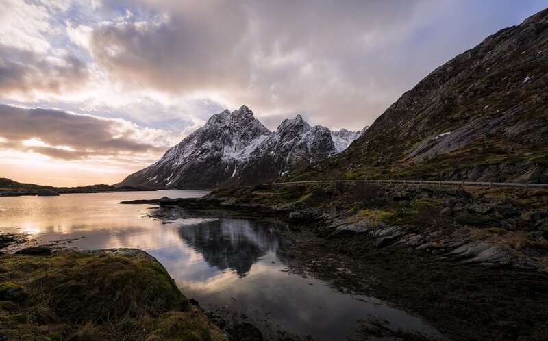Snow-capped Mountains — Gray, Dramatic, Sunset, Photograph, Lake, Road