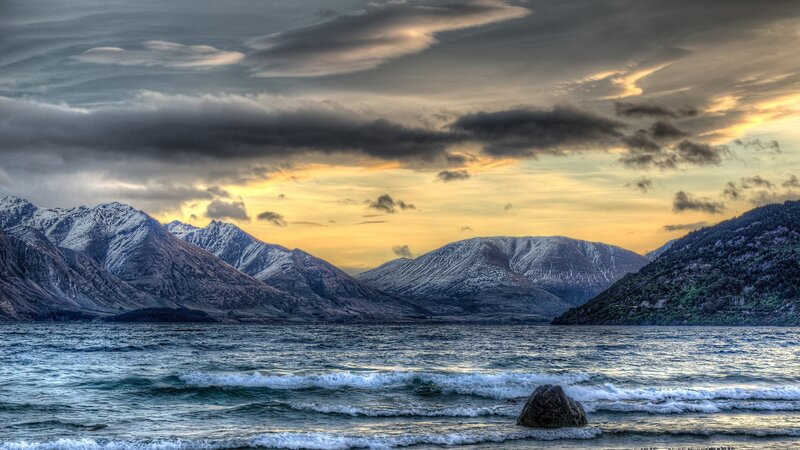 Snow-capped Mountains — Gray, Dramatic, Sunset, Photograph, Lake