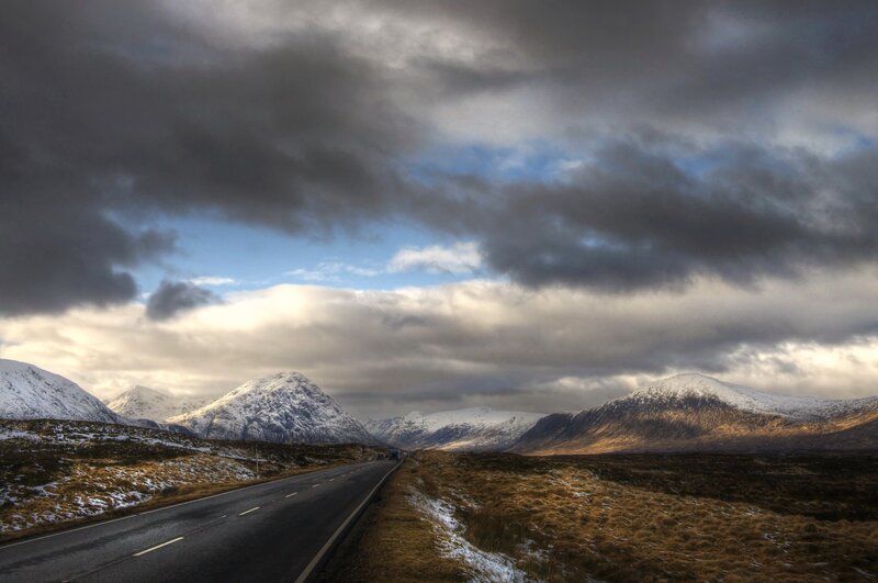Snow-capped Mountains — Gray, Dramatic, Winter, Photograph, Road