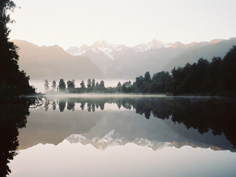 Snow-capped Mountains — Gray, Serene, Morning, Photograph, Lake, Trees