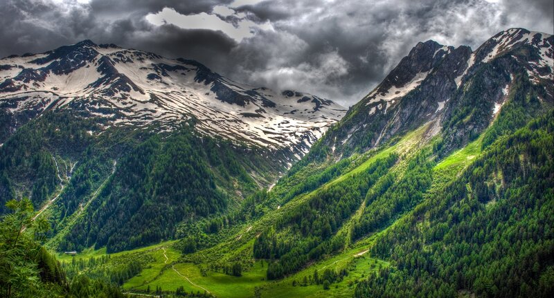 Snow-capped Mountains — Green, Dramatic, Afternoon, Photograph, Clouds, Forests