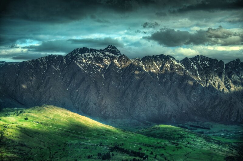 Snow-capped Mountains — Green, Dramatic, Afternoon, Photograph, Green Hills, Clouds, Valley, Gray