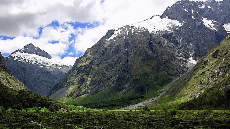 Snow-capped Mountains — Green, Dramatic, Afternoon, Photograph, Valley, Trees, Sky, Gray, White