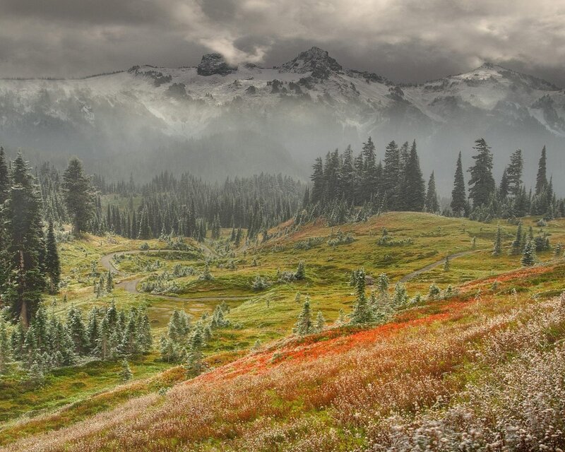 Snow-capped Mountains — Green, Dramatic, Autumn, Photograph, Forests, Hills, Path