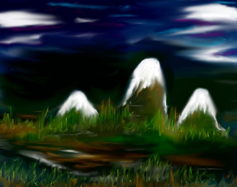 Snow-capped Mountains — Green, Dramatic, Night, Digital Art, Grass