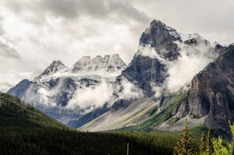 Snow-capped Mountains — Green, Dramatic, Photograph, Clouds, Forest