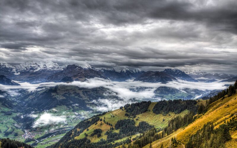 Snow-capped Mountains — Green, Dramatic, Photograph, Clouds, Valley