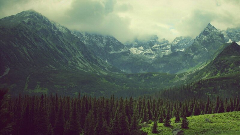 Snow-capped Mountains — Green, Dramatic, Photograph, Forest, Clouds