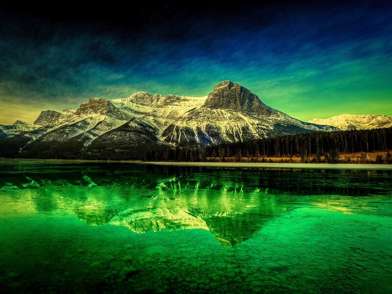 Snow-capped Mountains — Green, Dramatic, Sunset, Photograph, Lake
