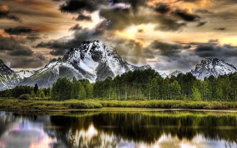 Snow-capped Mountains — Green, Dramatic, Sunset, Photograph, Trees, Lake, Clouds