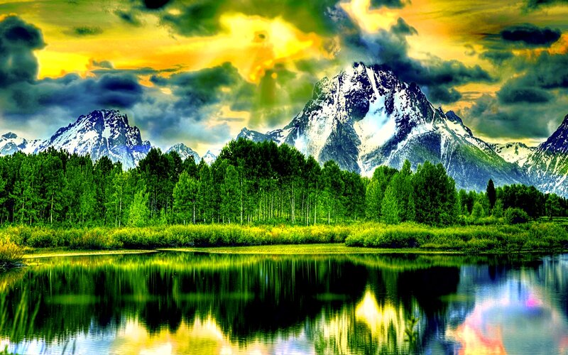 Snow-capped Mountains — Green, Dramatic, Sunset, Photograph, Trees, Lake, Sky