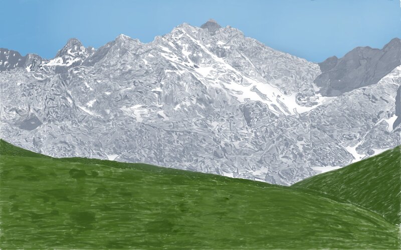 Snow-capped Mountains — Green, Serene, Afternoon, Illustration