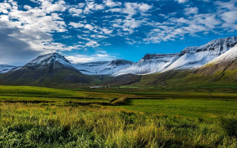 Snow-capped Mountains — Green, Serene, Afternoon, Photograph, Grassland