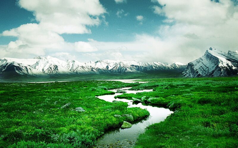 Snow-capped Mountains — Green, Serene, Afternoon, Photograph, River, Grassland