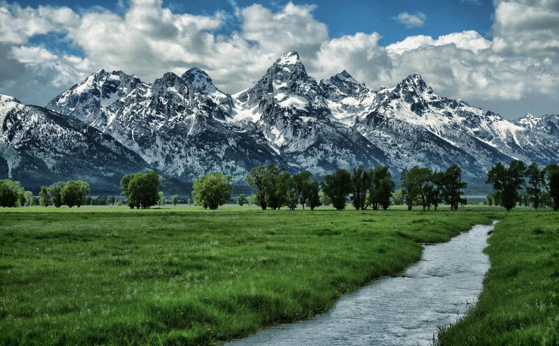 Snow-capped Mountains — Green, Serene, Afternoon, Photograph, River, Meadow