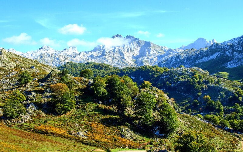 Snow-capped Mountains — Green, Serene, Afternoon, Photograph, Trees, Hills, Sky