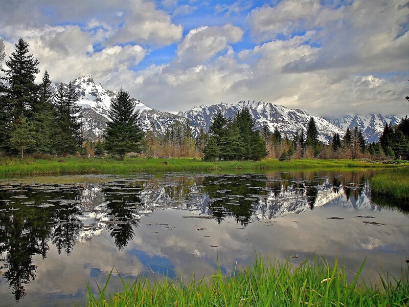 Snow-capped Mountains — Green, Serene, Afternoon, Photograph, Trees, Lake