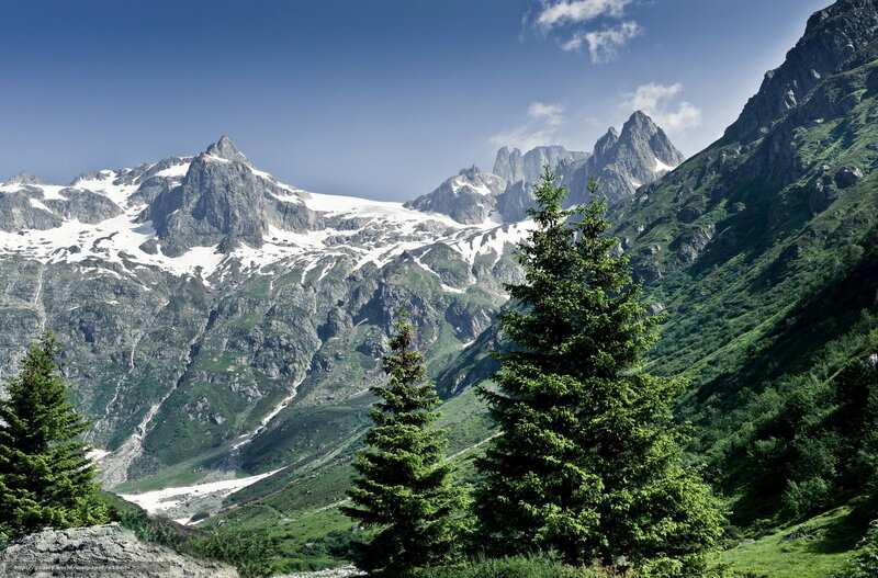Snow-capped Mountains — Green, Serene, Afternoon, Photograph, Trees, Mountain Peaks