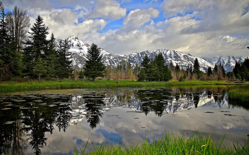 Snow-capped Mountains — Green, Serene, Afternoon, Photograph, Trees, Pond, Clouds
