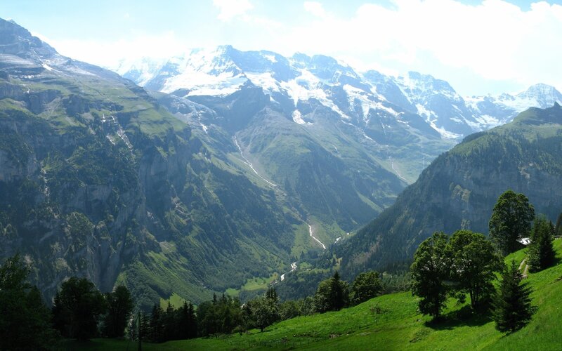 Snow-capped Mountains — Green, Serene, Afternoon, Photograph, Valley, Trees, River