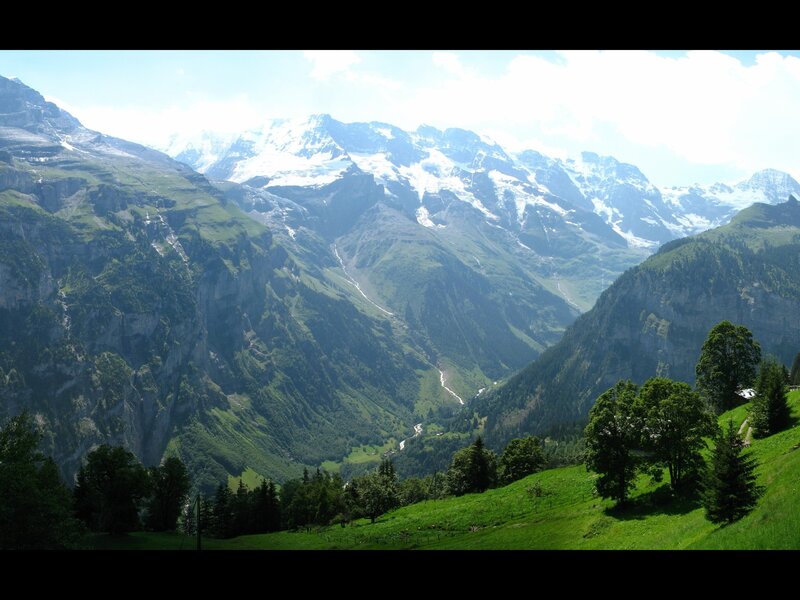 Snow-capped Mountains — Green, Serene, Afternoon, Photograph, Valley, Trees, River, White, Blue