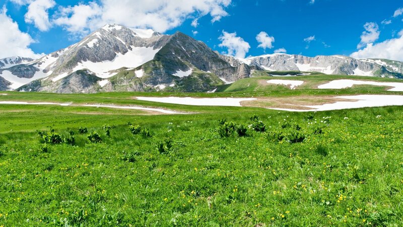 Snow-capped Mountains — Green, Serene, Summer, Photograph, Grass, Flowers, Clouds, Blue