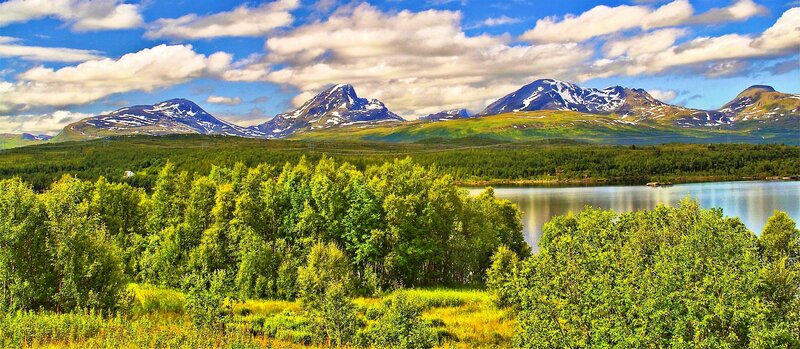 Snow-capped Mountains — Green, Serene, Summer, Photograph, Lake, Trees