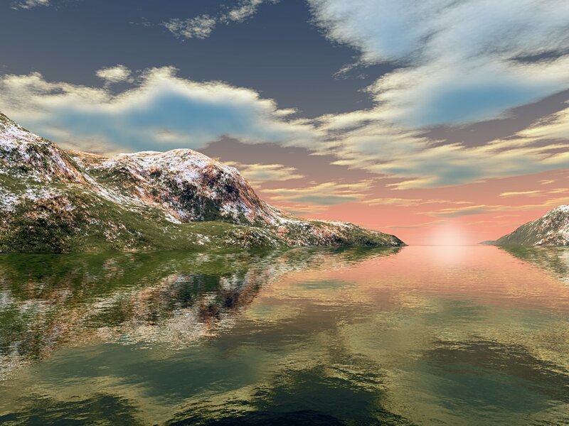 Snow-capped Mountains — Green, Serene, Sunset, 3d Render