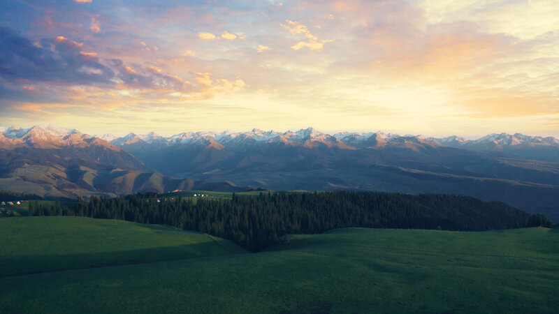 Snow-capped Mountains — Green, Serene, Sunset, Photograph, Green Hills