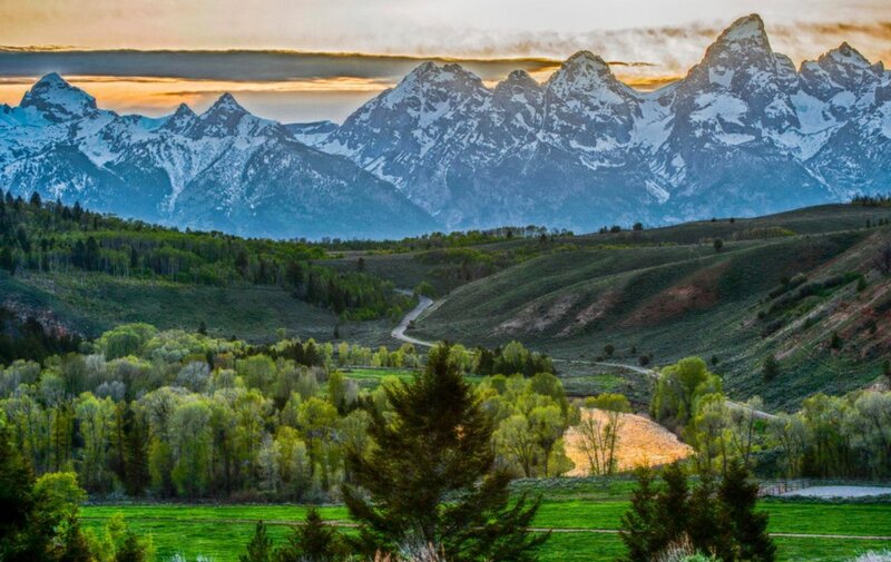 Snow-capped Mountains — Green, Serene, Sunset, Photograph